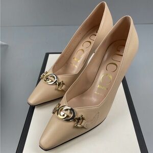 Gucci Zumi Interlocking G Beige Pink Leather Pumps Size 6.5